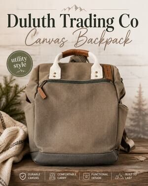 Duluth Trading Co Canvas Backpack Tote Khaki Leather Trim Laptop Travel Bag
